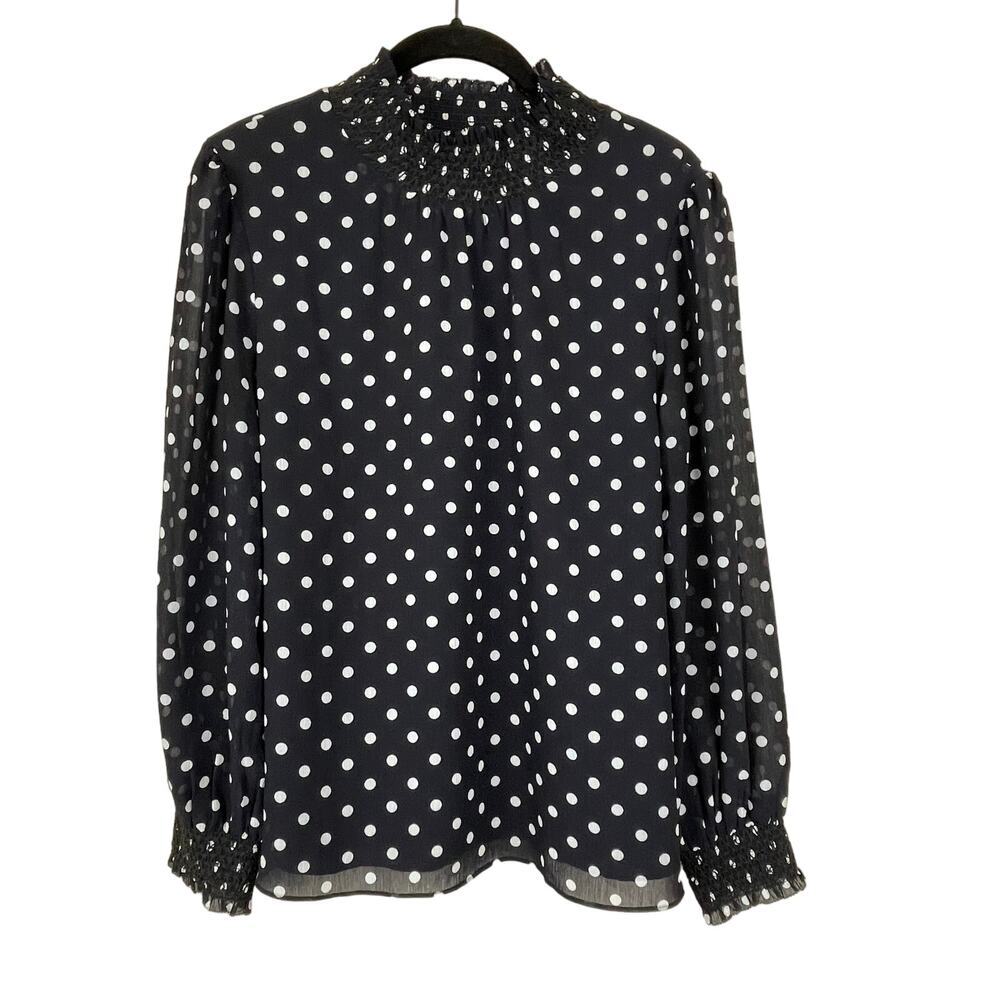 J. Crew Women's Sz S Top Black White Polka Dot Smocked Neck Blouse Long Sleeve
